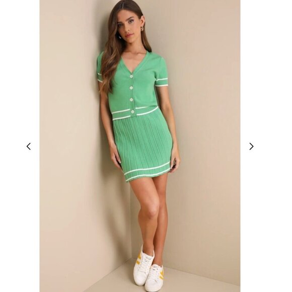 Lulus Marvelously Chic Knit Pleated High-Rise Mini Skirt Set Green Size M/L - Picture 4 of 9